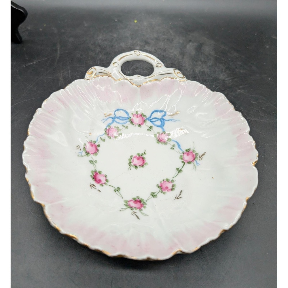Limoges France Porcelain Nappy Dish Pink Roses Blue Ribbon Gold Trim Antique 7"